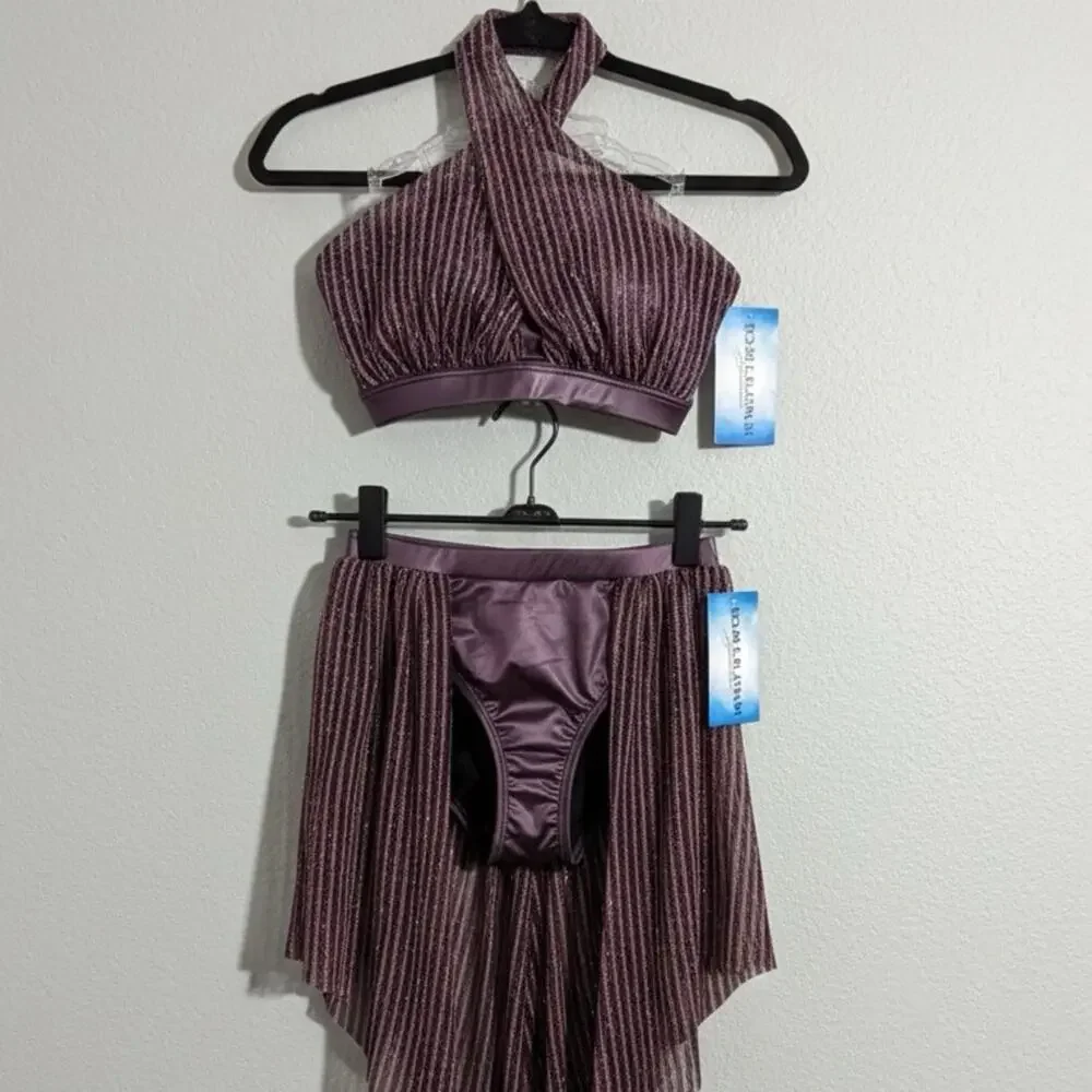 Double Platinum purple shimmer Halter Crop Top and Skirt Kids Dance Costume AXS